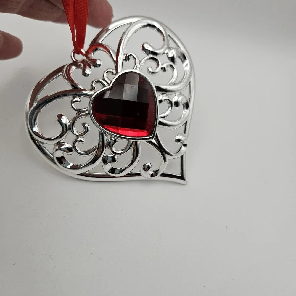 Lenox Silverplate Angel & Heart Hanging Ornaments Set of 2, Silver/Red Christmas